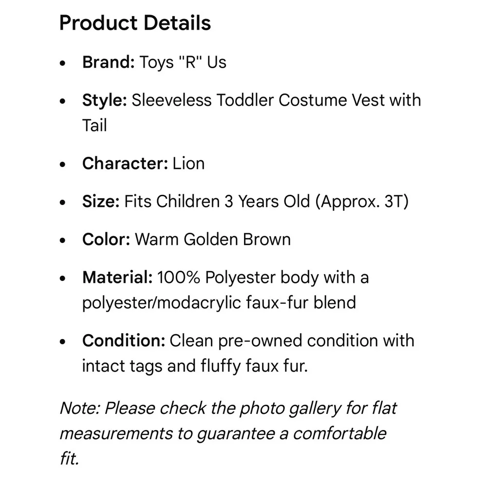 Toys R Us Lion Costume Toddler 3T Plush Vest Tail Halloween Animal Dress Up